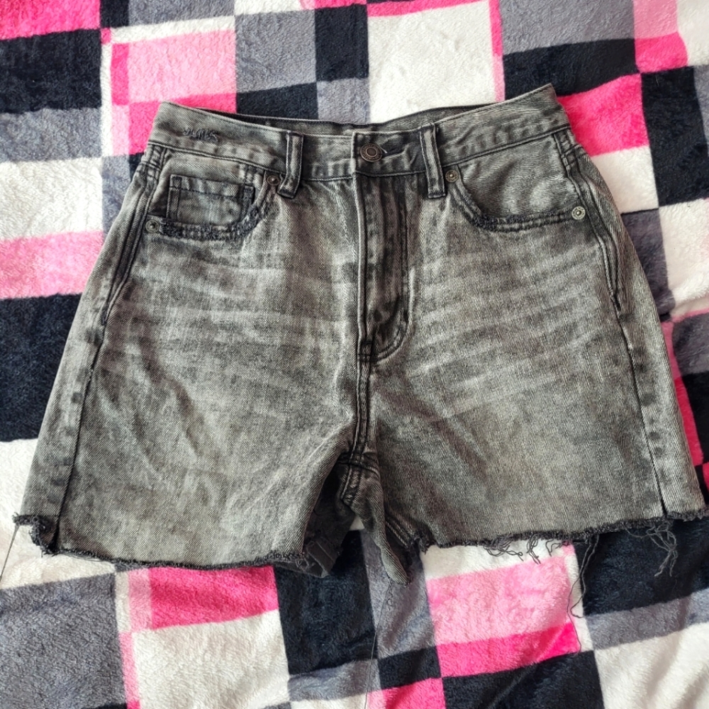 Distressed High-waisted black and grey gray denim shorts